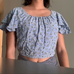 Blue Flutter Sleeve Floral Cropped Blouse